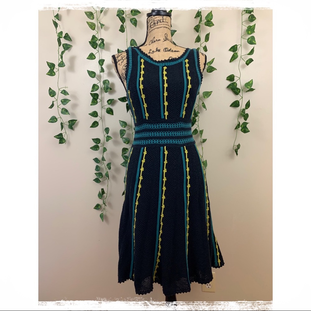 Anthro Laurate Lane Black/Multi Boho Crochet Dress sz. L